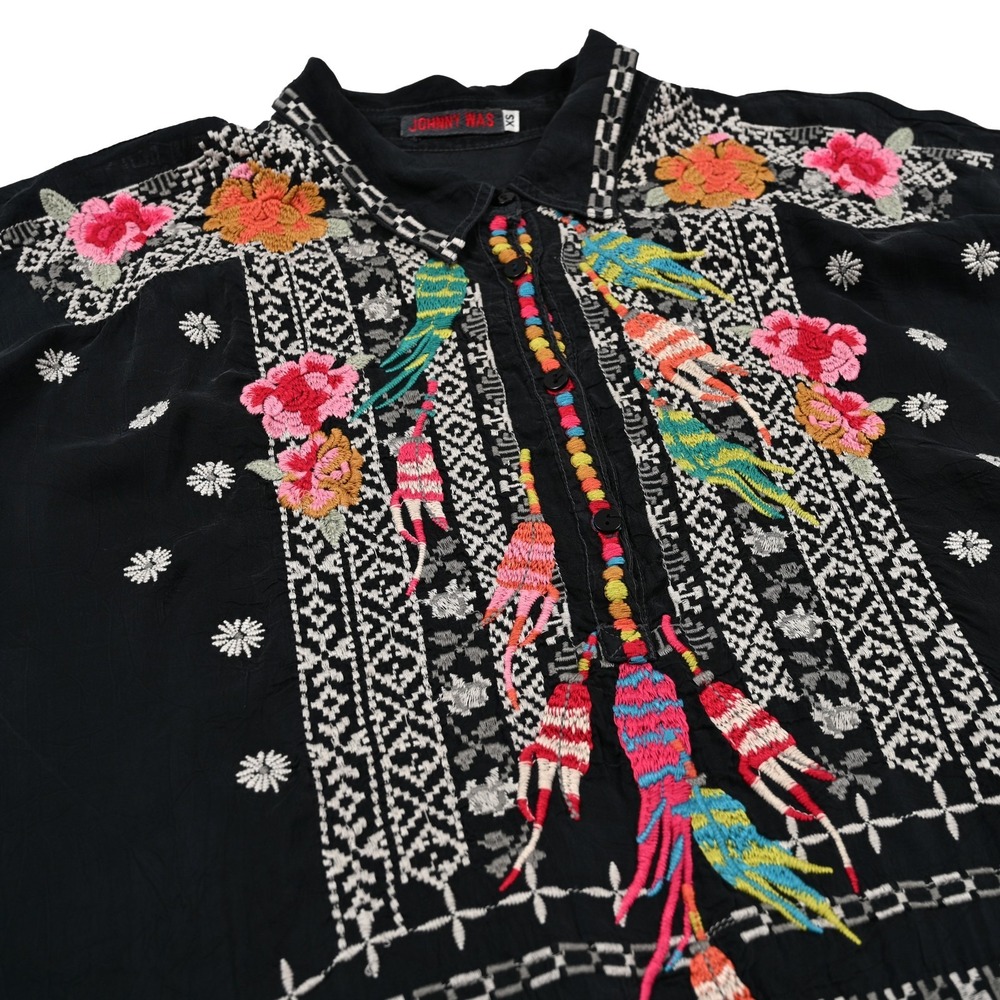 Johnny Was Floral Event Blouse Womens XS Black Embroidered Boho Peasant Top
